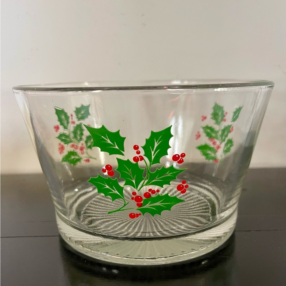 1960 Festive Holly Berry Glass Serving Bowl